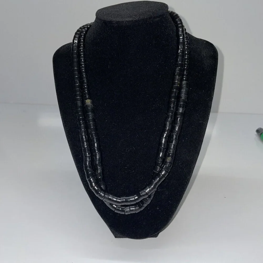 RARE Vintage‎ Black Stacked Snake Beads Long Necklace Unique!   SL17